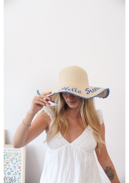 Kadın Edt Bej Mavi Yazı Detaylı Hasır Şapka