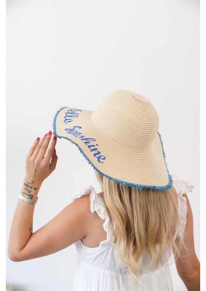 Kadın Edt Bej Mavi Yazı Detaylı Hasır Şapka fiyatları