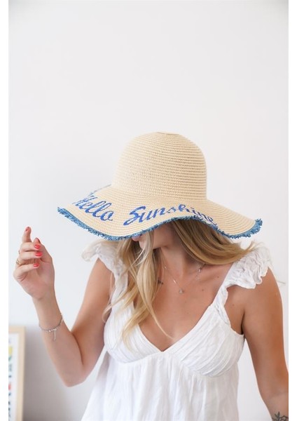 Kadın Edt Bej Mavi Yazı Detaylı Hasır Şapka modelleri