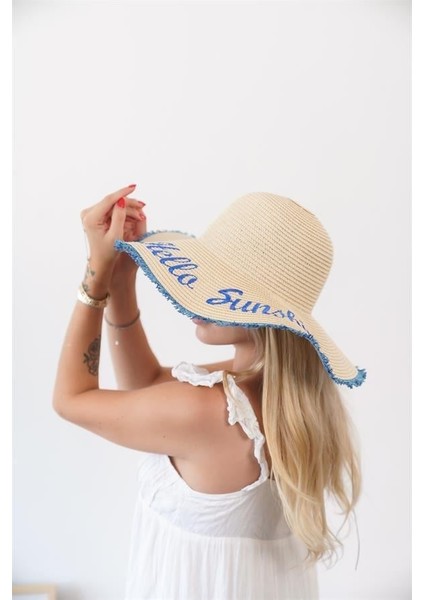 Kadın Edt Bej Mavi Yazı Detaylı Hasır Şapka fırsatları