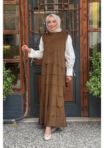 Kolsuz Süet Elbise W-67101 Haki