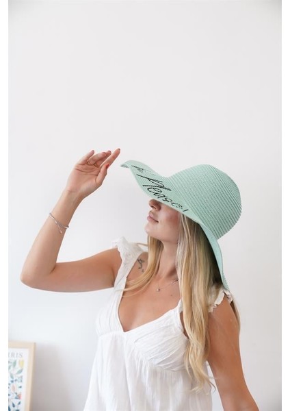 Kadın Vlt Mint Yazı Detaylı Kadın Hasır Şapka modelleri