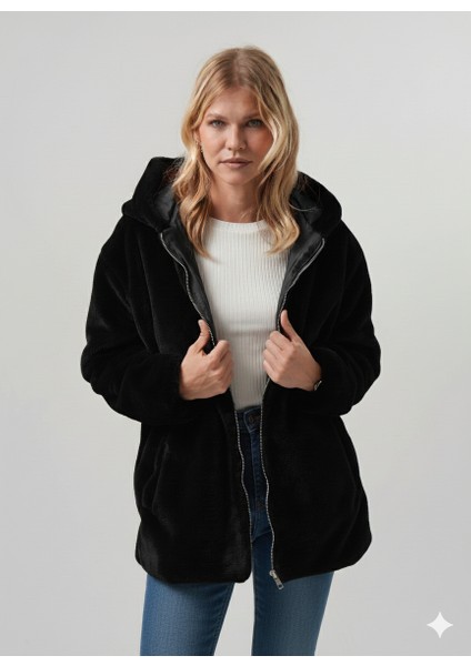 Mısra Kadın Mont Kapüşonlu Kadın Peluş Rabit Mont