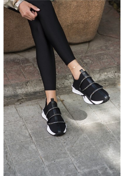 Elen Kadın Siyah Scuba Kumaş Taş Detay Sneaker