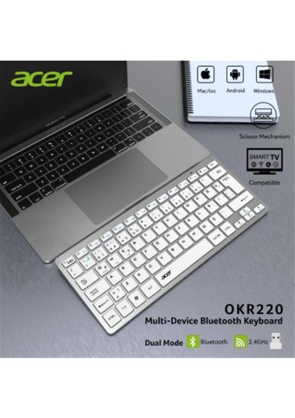 Acer OKR220 Beyaz Multidevice Dual Mode 2.4ghz Bluetooth Klavye (Smart Tv)(Android) fiyatları