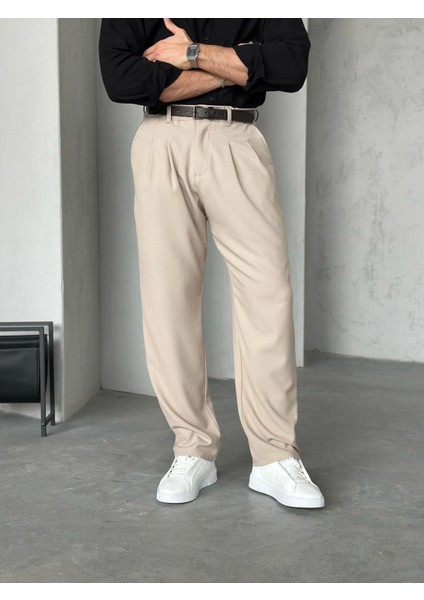 Erkek Bej Pileli Baggy Kumaş Pantolon