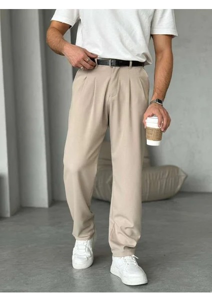 Erkek Bej Pileli Baggy Kumaş Pantolon fırsatları
