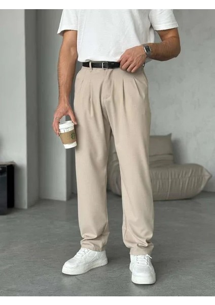 Erkek Bej Pileli Baggy Kumaş Pantolon indirimleri
