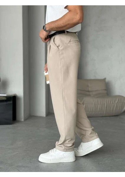 Erkek Bej Pileli Baggy Kumaş Pantolon