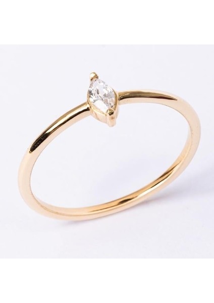 Tektaş Altın Yüzük - 14 Ayar Altın Markiz Zirkon Taşlı Minimal Tek Taş Altın Yüzük - Hediyelik fiyatları
