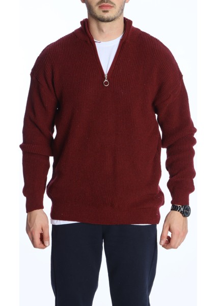 Selanik Yarım Fermuar Kazak Bordo indirimleri