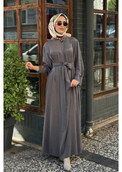Yaka Aksesuarlı Ipek Cupro Elbise 2502-5011 Antrasit