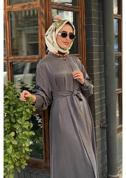 Yaka Aksesuarlı Ipek Cupro Elbise 2502-5011 Antrasit modelleri