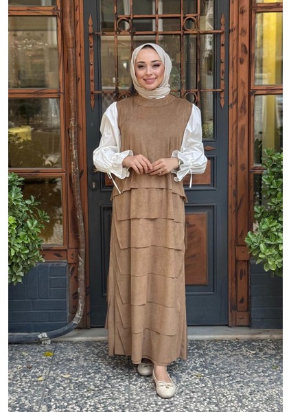 Kolsuz Süet Elbise W-67101 Camel