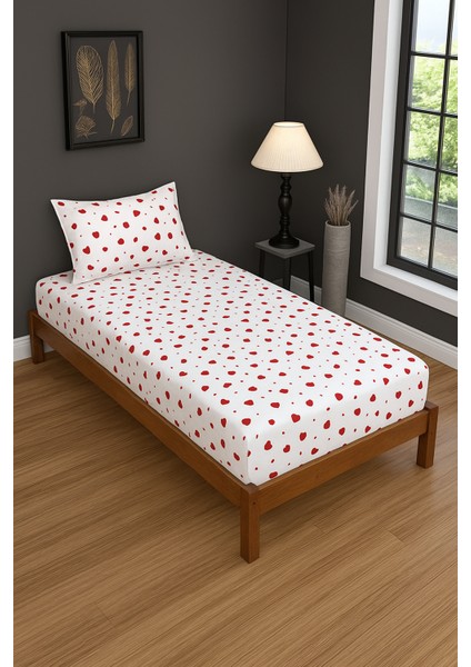 Kalp Desenli Lastikli Çarşaf Seti 100x200 cm + 1 Adet 50 × 70 cm Yastık Kılıfı