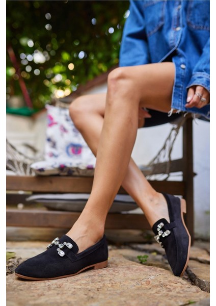 Talya Kadın Sax Mavi Gercek Suet Taş Detay Babet