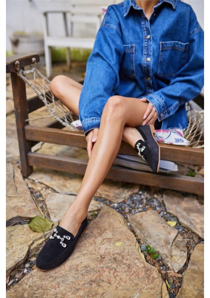 Talya Kadın Sax Mavi Gercek Suet Taş Detay Babet fiyatları