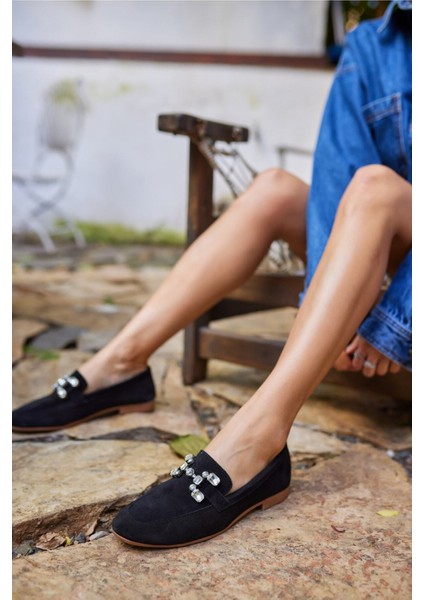 Talya Kadın Sax Mavi Gercek Suet Taş Detay Babet modelleri