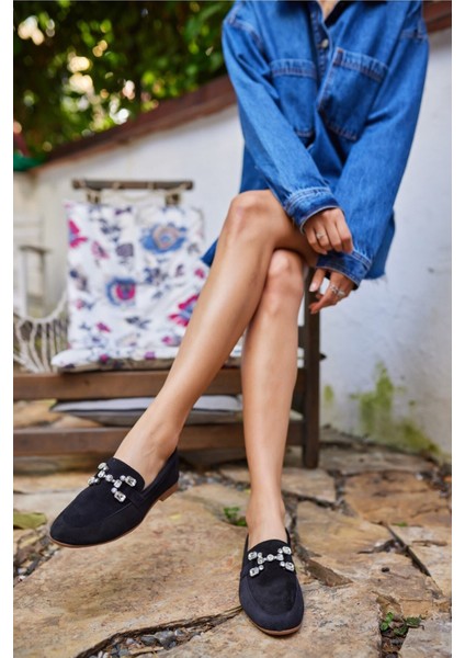 Talya Kadın Sax Mavi Gercek Suet Taş Detay Babet fırsatları