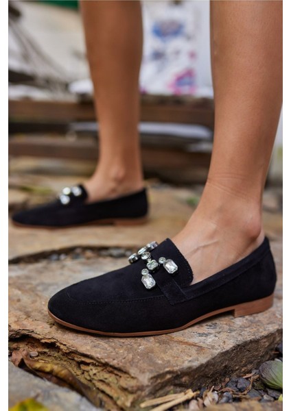 Talya Kadın Sax Mavi Gercek Suet Taş Detay Babet