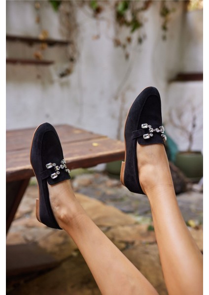 Talya Kadın Sax Mavi Gercek Suet Taş Detay Babet