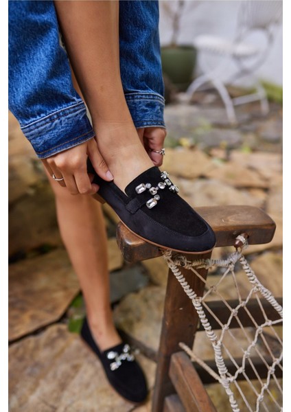 Talya Kadın Sax Mavi Gercek Suet Taş Detay Babet