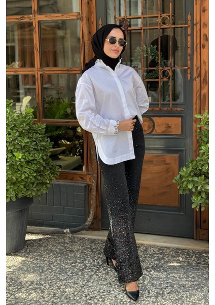 Taşlı Denim Pantolon 25W7009 Siyah