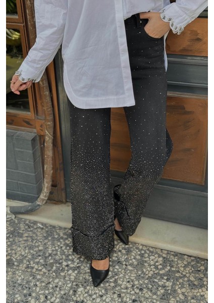 Taşlı Denim Pantolon 25W7009 Siyah modelleri