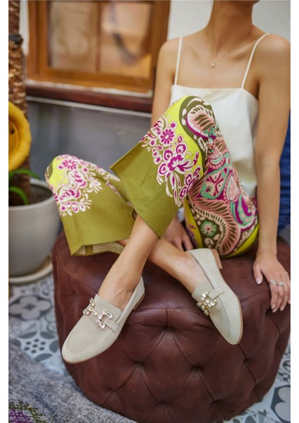 Talya Kadın Sax Mavi Gercek Suet Taş Detay Babet