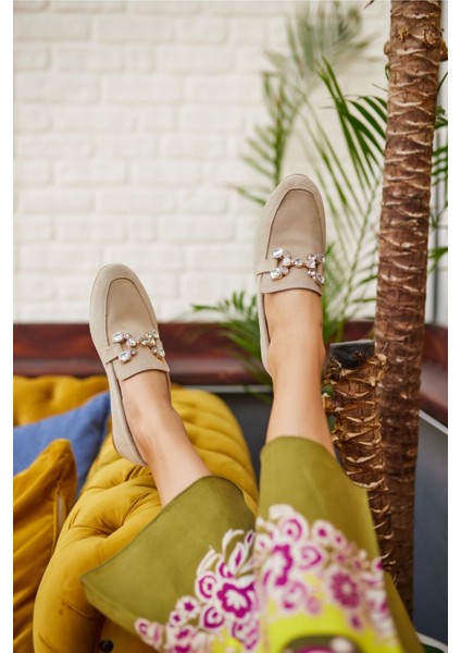 Talya Kadın Sax Mavi Gercek Suet Taş Detay Babet fiyatları