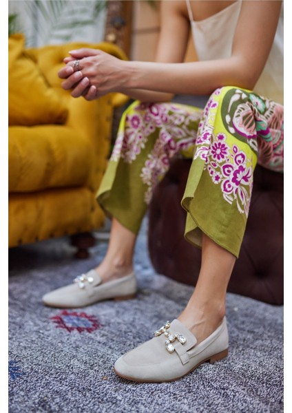 Talya Kadın Sax Mavi Gercek Suet Taş Detay Babet modelleri