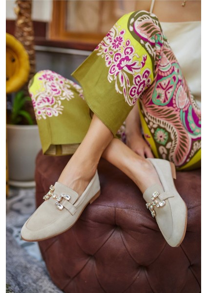 Talya Kadın Sax Mavi Gercek Suet Taş Detay Babet