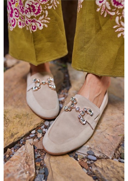 Talya Kadın Sax Mavi Gercek Suet Taş Detay Babet