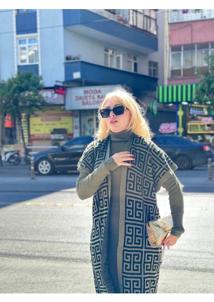 Siyah Çizgi Desenli Elbiseli Hırka Triko Takım Haki fiyatları