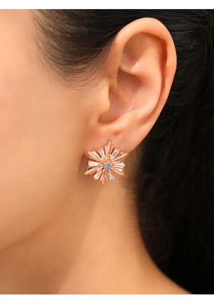 925 Ayar Rose Kaplama Baget Taşlı Kar Tanesi Gümüş Küpe modelleri