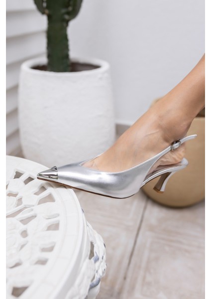 Shıne Kadın Gumus Kaz Ayagı Desen Topuklu Ayakkabi