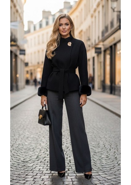 Kolu Kürklü Kuşaklı Şık Kadın Ceket fiyatları