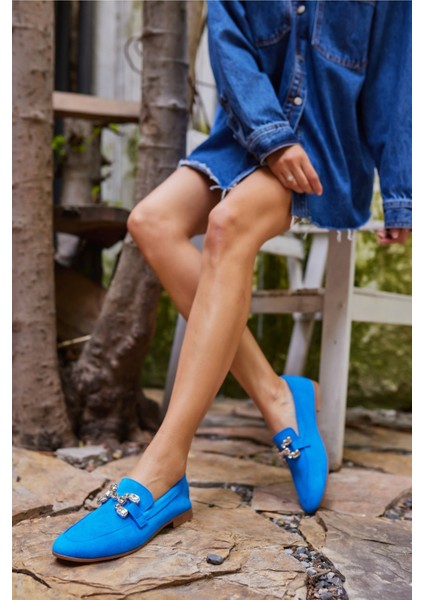 Talya Kadın Sax Mavi Gercek Suet Taş Detay Babet