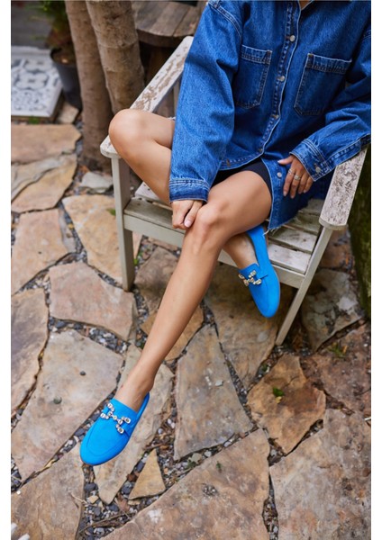 Talya Kadın Sax Mavi Gercek Suet Taş Detay Babet fiyatları