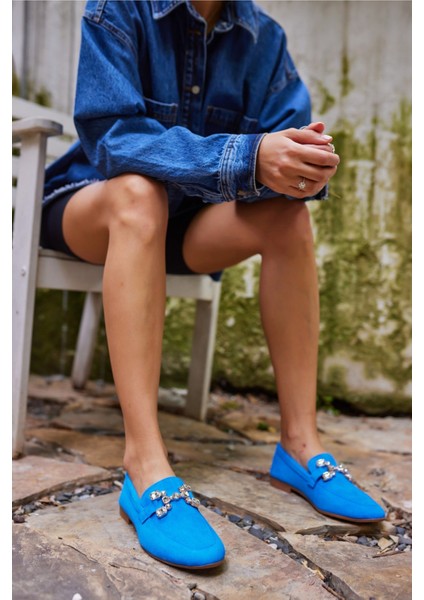 Talya Kadın Sax Mavi Gercek Suet Taş Detay Babet modelleri