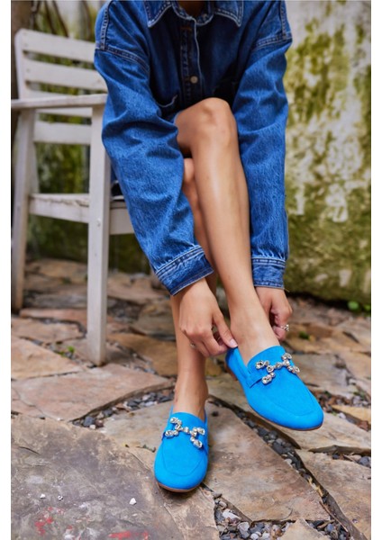 Talya Kadın Sax Mavi Gercek Suet Taş Detay Babet fırsatları