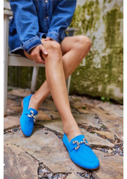 Talya Kadın Sax Mavi Gercek Suet Taş Detay Babet indirimleri