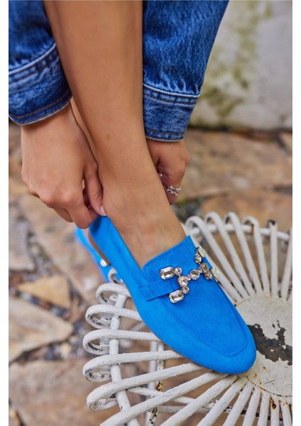 Talya Kadın Sax Mavi Gercek Suet Taş Detay Babet