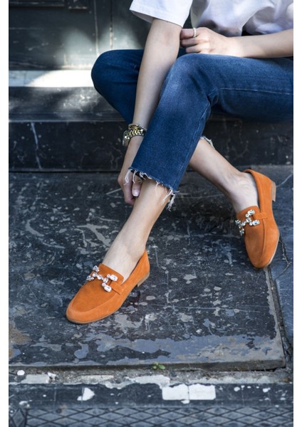 Talya Kadın Sax Mavi Gercek Suet Taş Detay Babet