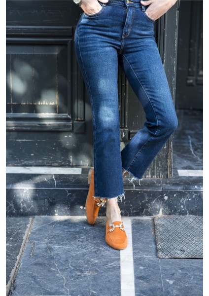 Talya Kadın Sax Mavi Gercek Suet Taş Detay Babet fiyatları