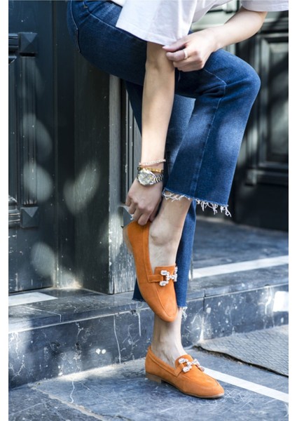 Talya Kadın Sax Mavi Gercek Suet Taş Detay Babet modelleri