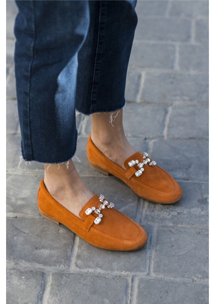 Talya Kadın Sax Mavi Gercek Suet Taş Detay Babet