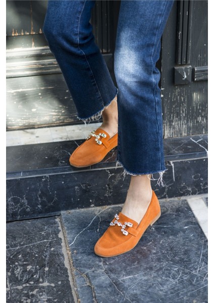 Talya Kadın Sax Mavi Gercek Suet Taş Detay Babet