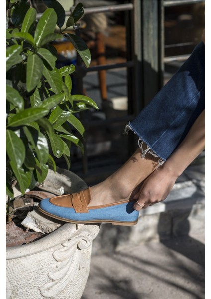 Talya Kadın Sax Mavi Gercek Suet Taş Detay Babet