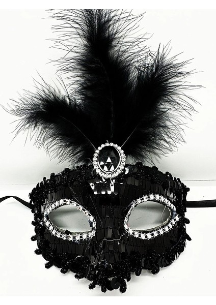 Siyah Renk Payetli Pullu Tüylü Parti Maskesi